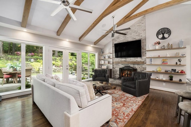 7265 Hunters Branch Dr, Sandy Springs, GA 30328 - living area with a ceiling fan, beamed ceiling, a brick fireplace, high vaulted ceiling, and dark wood-style floors