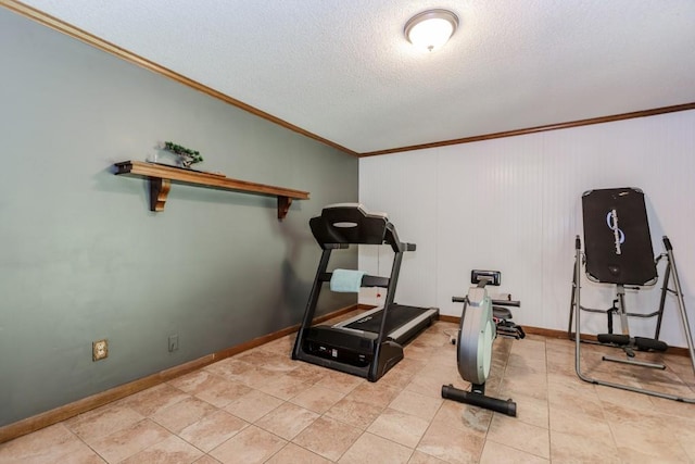 750 Jett Roberts Rd, Jefferson, GA 30549 - workout room with ornamental molding, a textured ceiling, baseboards, and tile patterned flooring