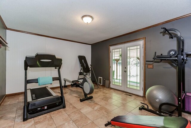 750 Jett Roberts Rd, Jefferson, GA 30549 - exercise area featuring french doors, crown molding, baseboards, and a textured ceiling