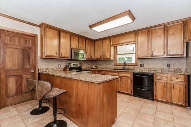 750 Jett Roberts Rd, Jefferson, GA 30549 - kitchen featuring appliances with stainless steel finishes, a sink, brown cabinetry, a peninsula, and ornamental molding