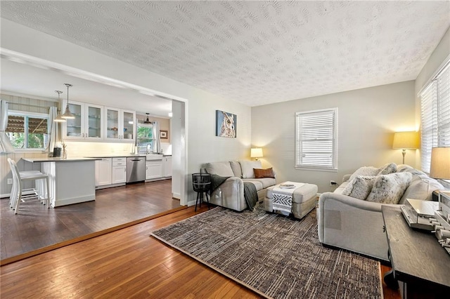 living room with plenty of natural light, dark wood finished floors, and a textured ceiling