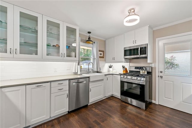 kitchen with appliances with stainless steel finishes, ornamental molding, dark wood-style flooring, white cabinetry, and a sink