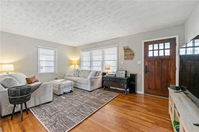 living room featuring a wealth of natural light, baseboards, a textured ceiling, and light wood finished floors