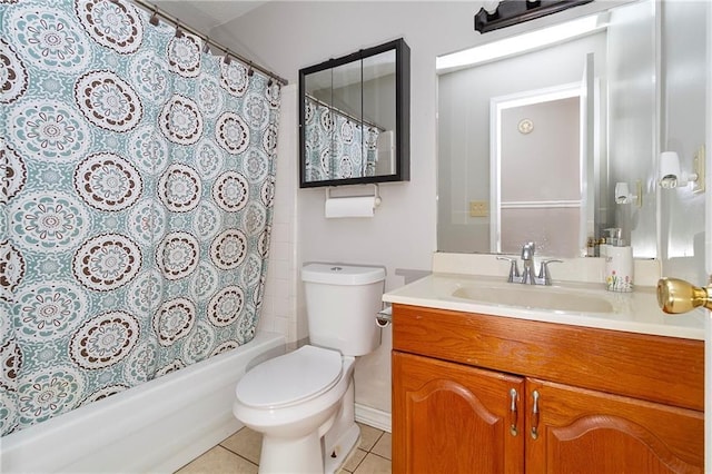 bathroom featuring tile patterned floors, shower / bathtub combination with curtain, toilet, and vanity