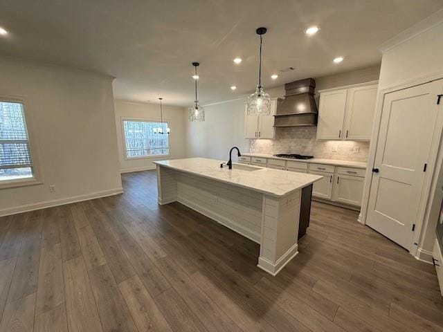 kitchen with gas cooktop, dark wood-type flooring, premium range hood, a sink, and backsplash