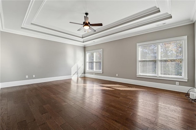 unfurnished room featuring a raised ceiling, crown molding, ceiling fan, and a healthy amount of sunlight