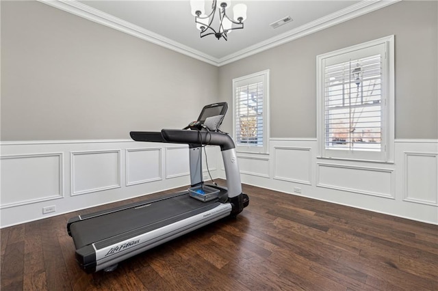 workout room featuring dark hardwood / wood-style flooring, crown molding, and a notable chandelier