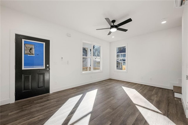 foyer with a ceiling fan, visible vents, baseboards, recessed lighting, and dark wood-type flooring