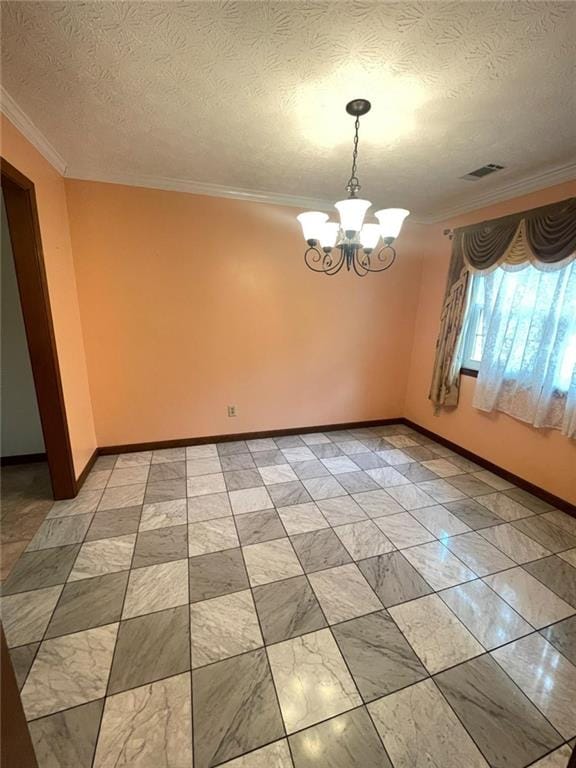 unfurnished room featuring ornamental molding, a chandelier, and a textured ceiling