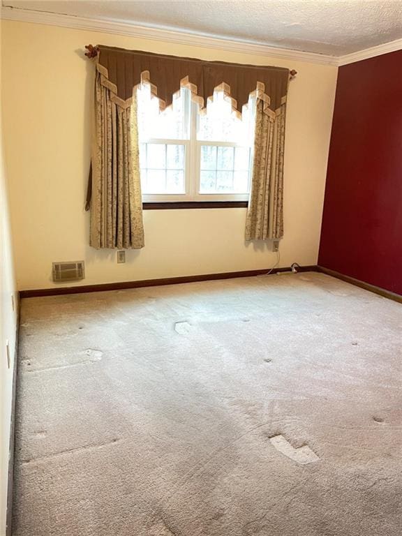 spare room with ornamental molding, carpet floors, and a textured ceiling