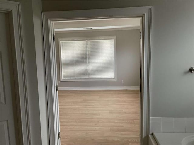 interior space with crown molding, light hardwood / wood-style floors, and plenty of natural light