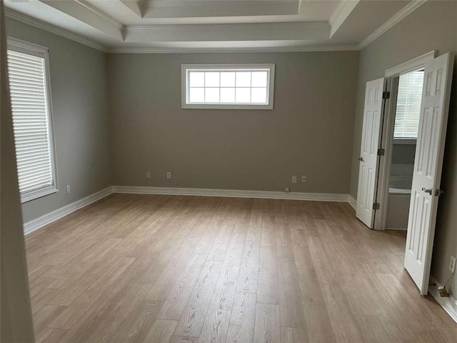 unfurnished room featuring light hardwood / wood-style flooring, a tray ceiling, and a wealth of natural light