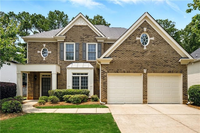 12554 Huntington Trce, Alpharetta, GA 30005 - view of front of house with driveway, a garage, brick siding, and a front lawn