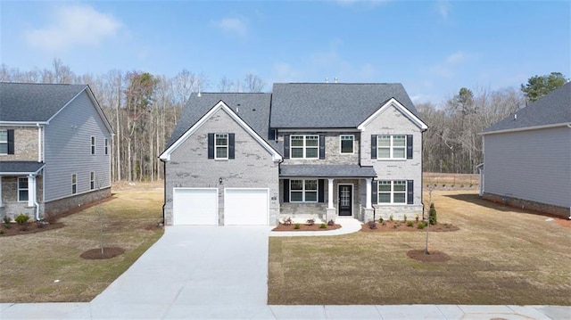 1149 Blue Juniper Cir, Loganville, GA 30052 - traditional-style house with driveway, stone siding, an attached garage, and a front lawn
