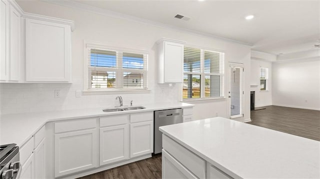 1149 Blue Juniper Cir, Loganville, GA 30052 - kitchen with appliances with stainless steel finishes, dark wood-type flooring, a fireplace, a sink, and ornamental molding