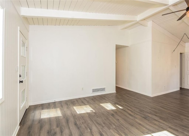 spare room featuring ceiling fan, beam ceiling, dark wood-type flooring, and high vaulted ceiling