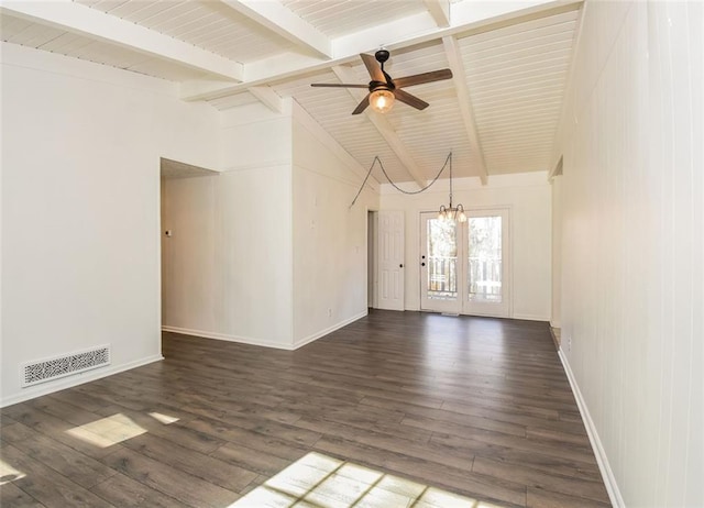 unfurnished living room featuring wood ceiling, dark hardwood / wood-style flooring, lofted ceiling with beams, and ceiling fan with notable chandelier