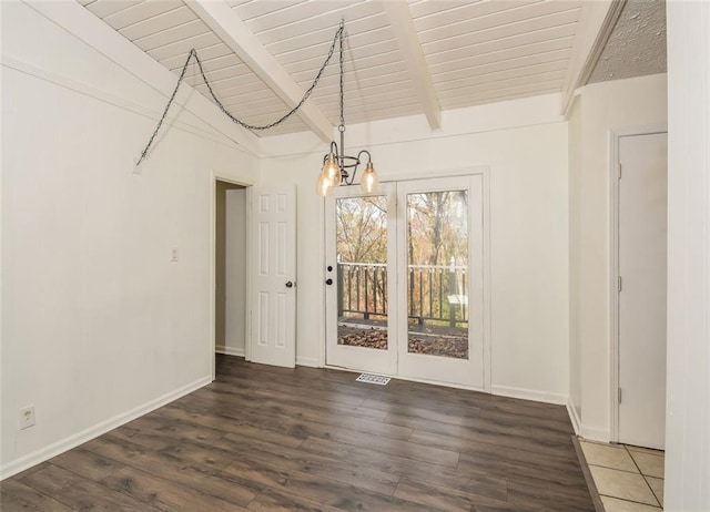 unfurnished dining area featuring a notable chandelier, dark hardwood / wood-style floors, lofted ceiling with beams, and wooden ceiling