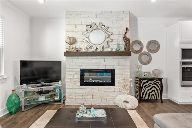 living room with a fireplace, wood finished floors, and ornamental molding