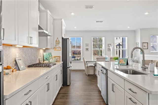 kitchen featuring visible vents, a sink, range hood, white cabinetry, and appliances with stainless steel finishes