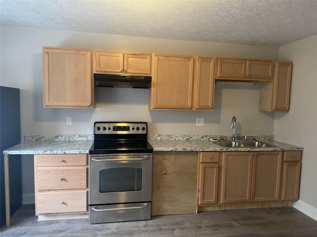 kitchen featuring light brown cabinets, under cabinet range hood, dark wood finished floors, stainless steel range with electric cooktop, and a sink