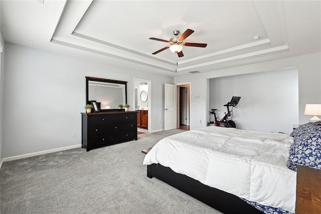 5925 Watersdown Way, Flowery Branch, GA 30542 - bedroom with a raised ceiling, light colored carpet, baseboards, crown molding, and a ceiling fan