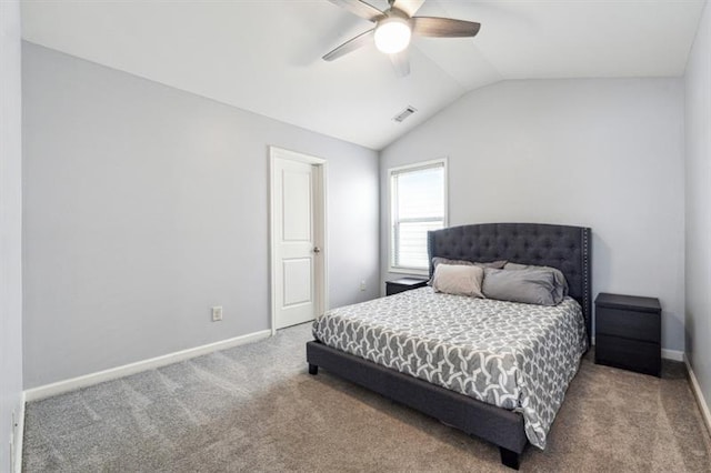 bedroom featuring vaulted ceiling, ceiling fan, carpet floors, baseboards, and visible vents