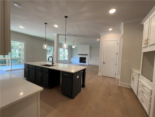 kitchen with white cabinetry, a kitchen island with sink, plenty of natural light, and sink