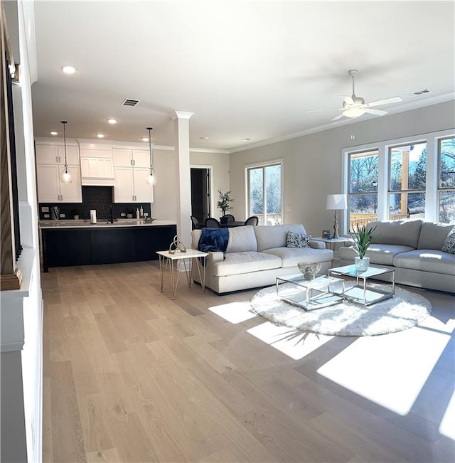 living room featuring light wood-type flooring, ceiling fan, crown molding, and sink