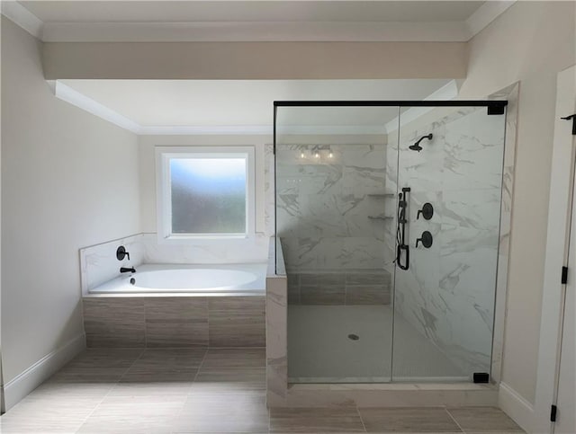 bathroom with tile patterned floors, ornamental molding, and independent shower and bath