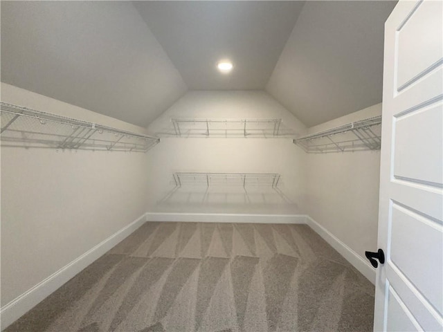 spacious closet with carpet flooring and lofted ceiling