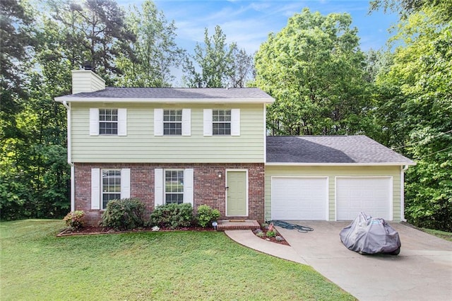 2722 Spring Side Ct, Douglasville, GA 30135 - colonial house with driveway, an attached garage, a chimney, and a front yard