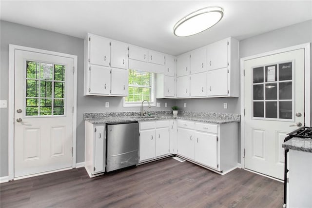 2722 Spring Side Ct, Douglasville, GA 30135 - kitchen featuring stainless steel dishwasher, white cabinets, dark wood-type flooring, a sink, and light stone countertops