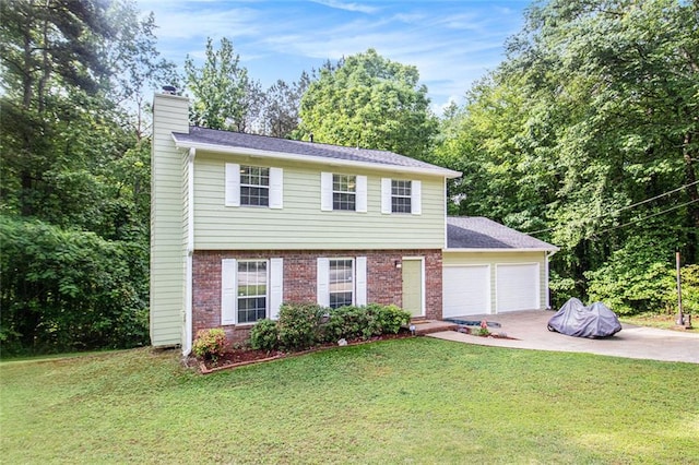 2722 Spring Side Ct, Douglasville, GA 30135 - view of front of house with a chimney, a garage, driveway, brick siding, and a front lawn