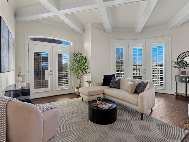 living room featuring hardwood / wood-style flooring, french doors, and beamed ceiling