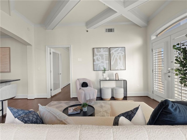 living room with beamed ceiling, coffered ceiling, dark hardwood / wood-style flooring, and french doors