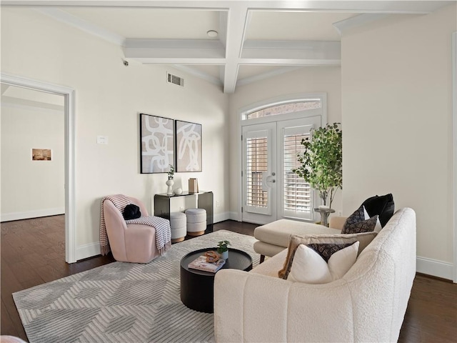 living room with french doors, coffered ceiling, dark hardwood / wood-style flooring, and beam ceiling