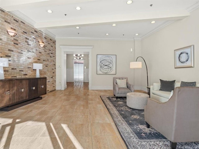 tiled living room featuring beamed ceiling, brick wall, and ornamental molding