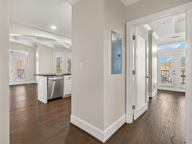 hall with french doors, coffered ceiling, dark hardwood / wood-style flooring, electric panel, and beam ceiling