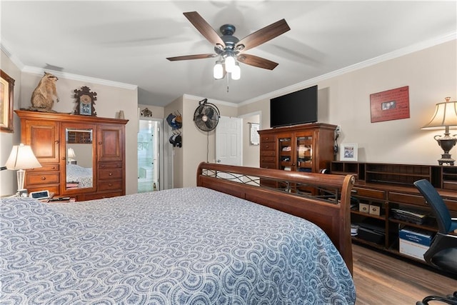 69 Maple Leaf Ct, Hoschton, GA 30548 - bedroom featuring crown molding, wood finished floors, and ceiling fan