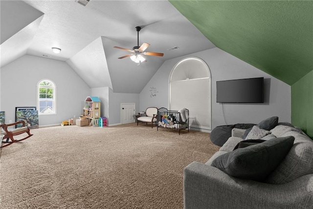 69 Maple Leaf Ct, Hoschton, GA 30548 - rec room with carpet floors, vaulted ceiling, and ceiling fan