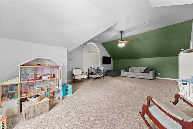 69 Maple Leaf Ct, Hoschton, GA 30548 - rec room with lofted ceiling, carpet, and a ceiling fan