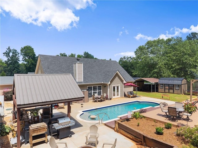 69 Maple Leaf Ct, Hoschton, GA 30548 - outdoor pool featuring outdoor dining area, a patio, a shed, and french doors