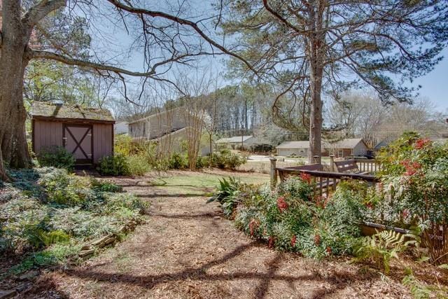 view of yard featuring a storage shed and an outdoor structure