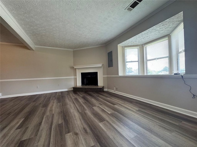 8170 Canyon Forge Dr, Riverdale, GA 30274 - unfurnished living room featuring a textured ceiling, dark wood-style flooring, electric panel, a fireplace with raised hearth, and crown molding