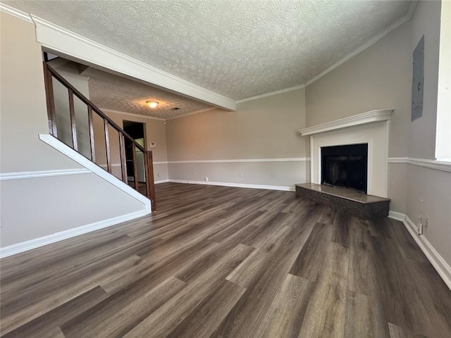 8170 Canyon Forge Dr, Riverdale, GA 30274 - unfurnished living room featuring a textured ceiling, wood finished floors, stairway, a fireplace with raised hearth, and electric panel