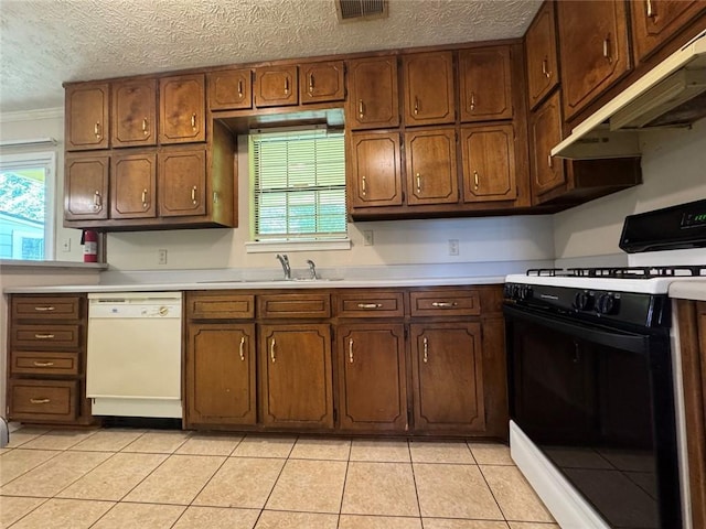 8170 Canyon Forge Dr, Riverdale, GA 30274 - kitchen with gas stove, dishwasher, light countertops, under cabinet range hood, and a textured ceiling