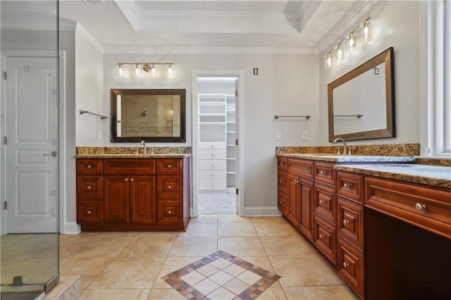 bathroom featuring crown molding, a shower with shower door, vanity, and a tray ceiling