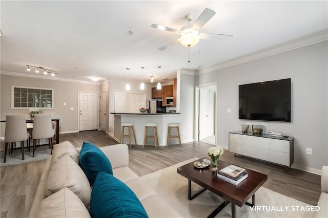 living room featuring ceiling fan, ornamental molding, and light hardwood / wood-style flooring