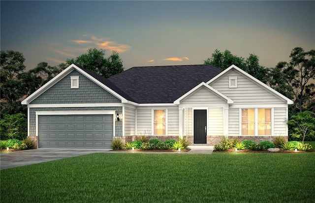 single story home featuring a front yard, driveway, a shingled roof, a garage, and brick siding